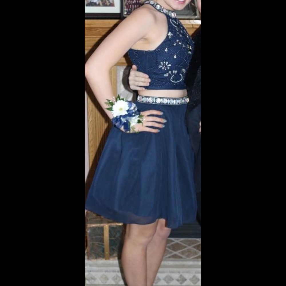 Two piece navy blue homecoming dress
